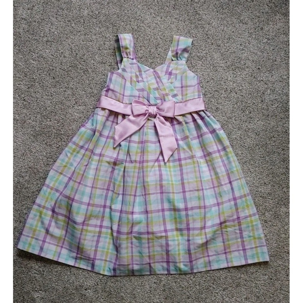 Bonnie Jean Girls Plaid Sz 5 Party Dress Purple Green Bow Easter Spring